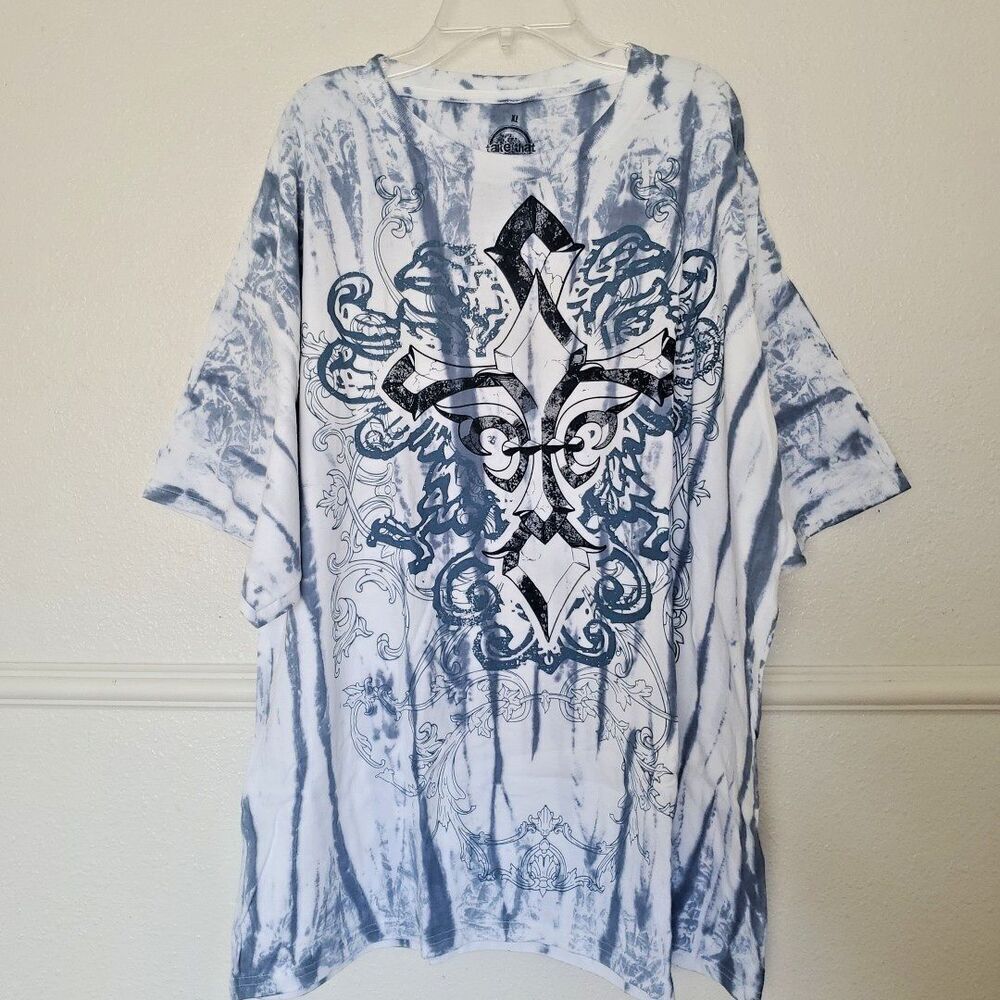 Take That Mens XL Tie Dye Gothic Cross Fleur De Lis Graphic T-Shirt Blue White